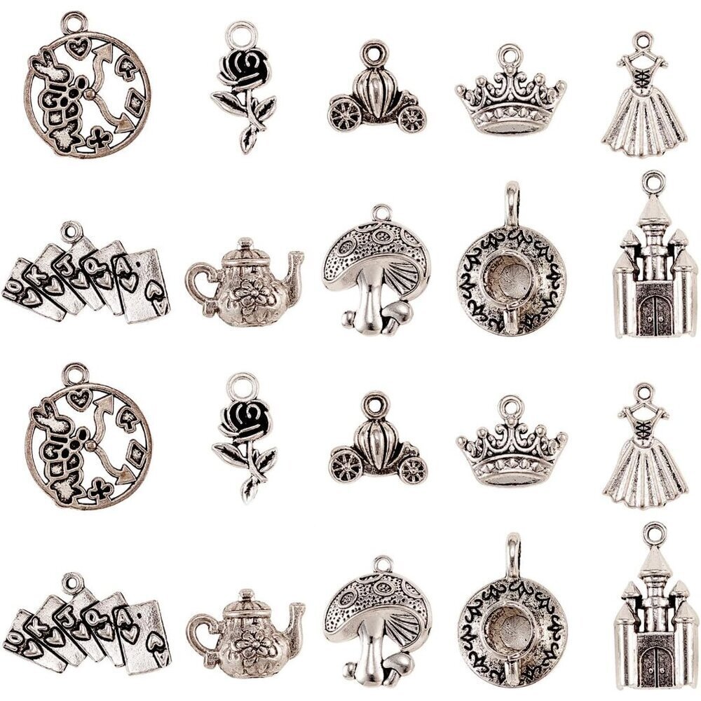 100pcs Antique Silver Fairy Tale Charms Alloy Rose Castle Clock Teapot